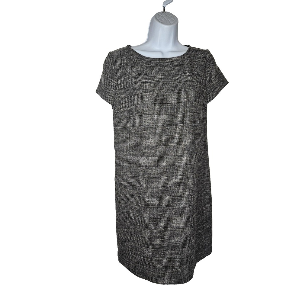 ZARA Woman Black White Tweed Plaid‎ Short Sleeve Shift Dress Size S Work Office